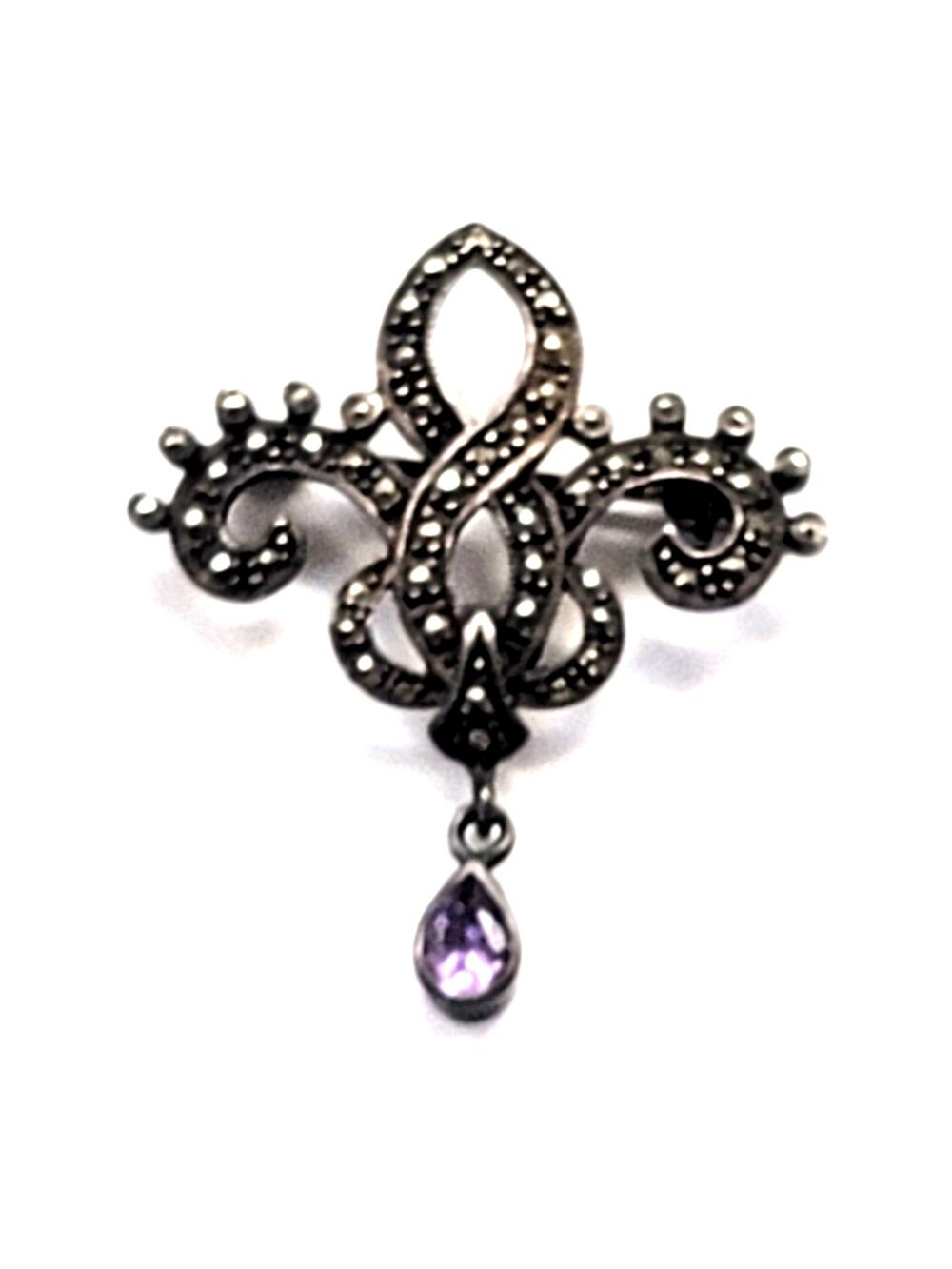 Vintage Sterling Silver 925 Marcasite Amethyst Teardrop Brooch Pin.